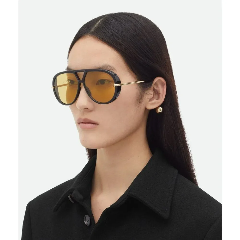 NEW Bottega Veneta BV1273S 003 Black Gold Yellow Pilot Unisex Sunglasses
